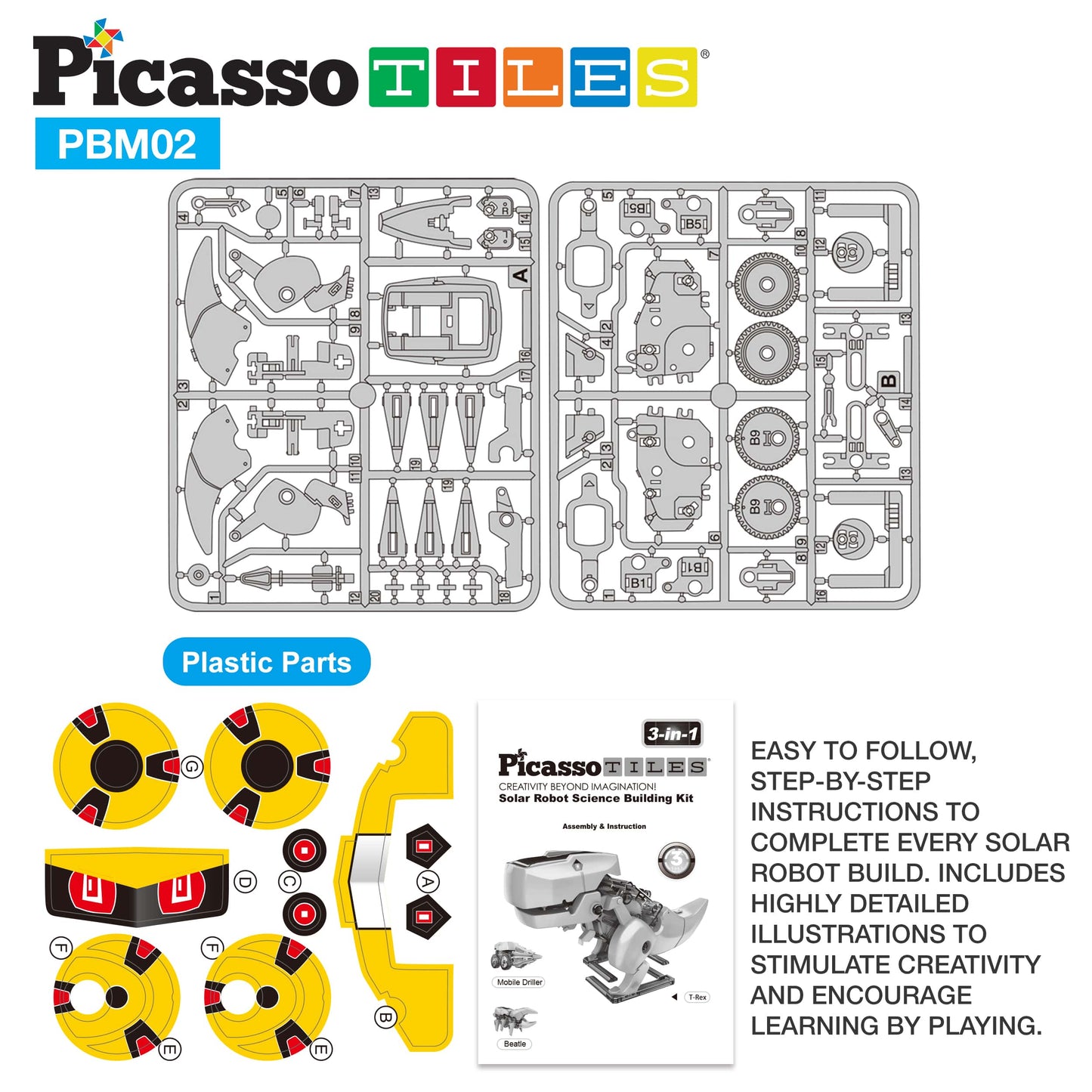 PicassoTiles - PicassoTiles 3-in-1 Solar Powered Dinosaur Robot Kit