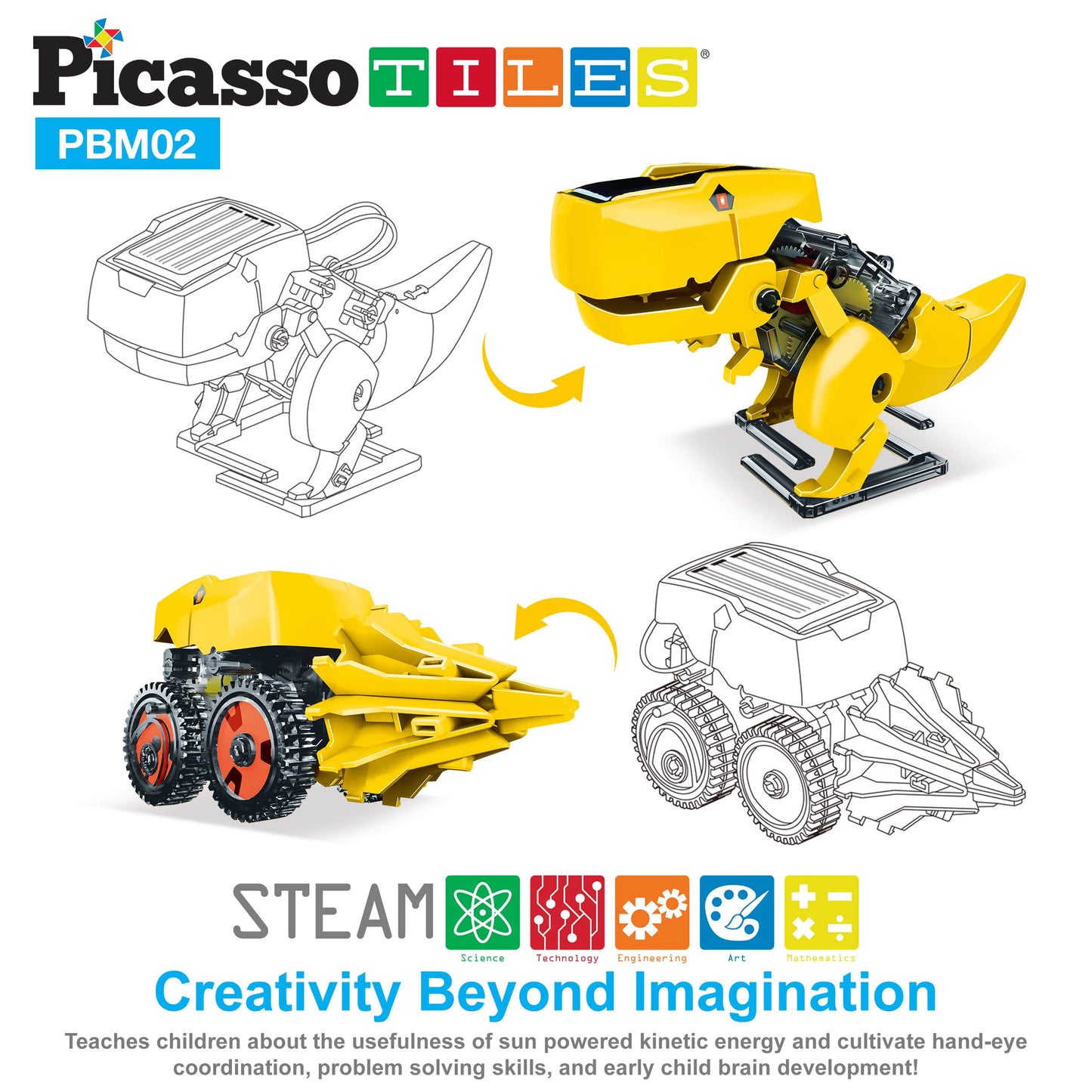 PicassoTiles - PicassoTiles 3-in-1 Solar Powered Dinosaur Robot Kit