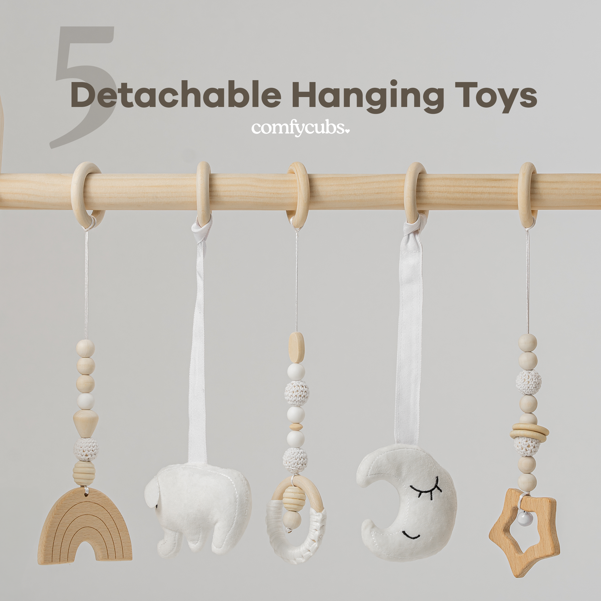 Foldable Baby Play Gym with 5 Hanging Toys - Natural Wood - Comfy Cubs - Glee Garden