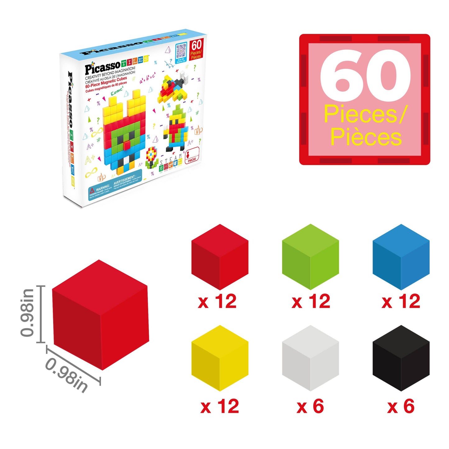 PicassoTiles - PicassoTiles 60pc 1.2" Magnetic Cubes Set