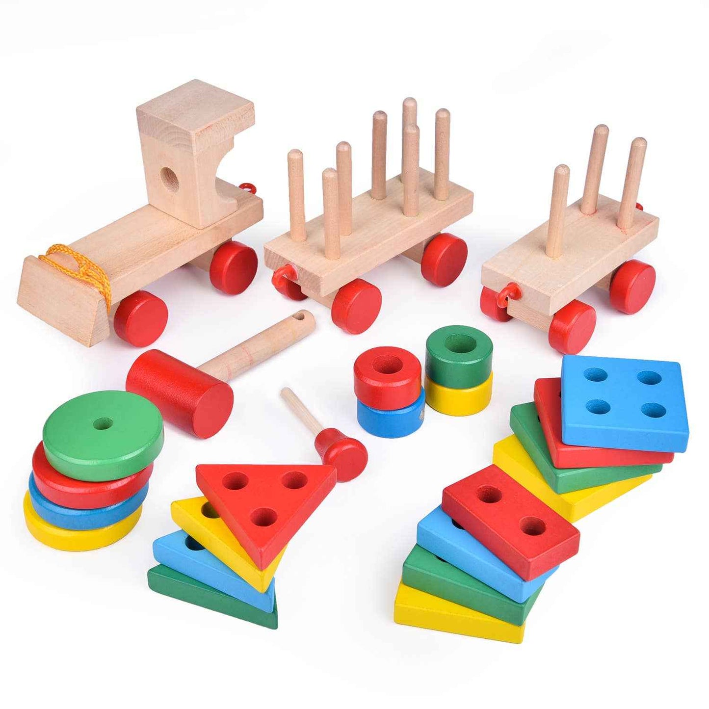 Wooden Train Shape Sorter and Stacking Toy 25 Pcs 15.5 Inch