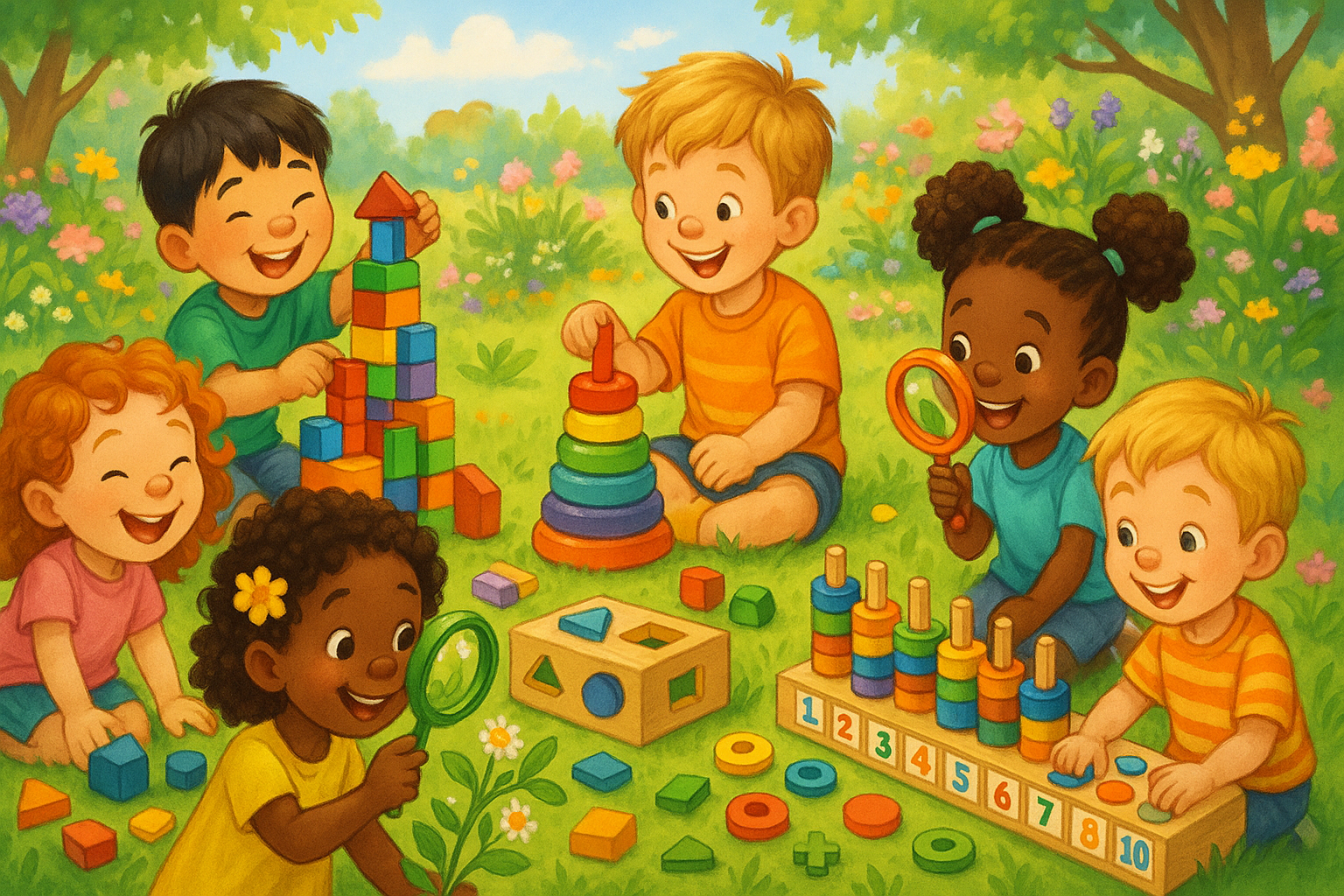 an image of children playing together, with toys that encourage play-based learning, fitting the overall theme of GleeGarden.com