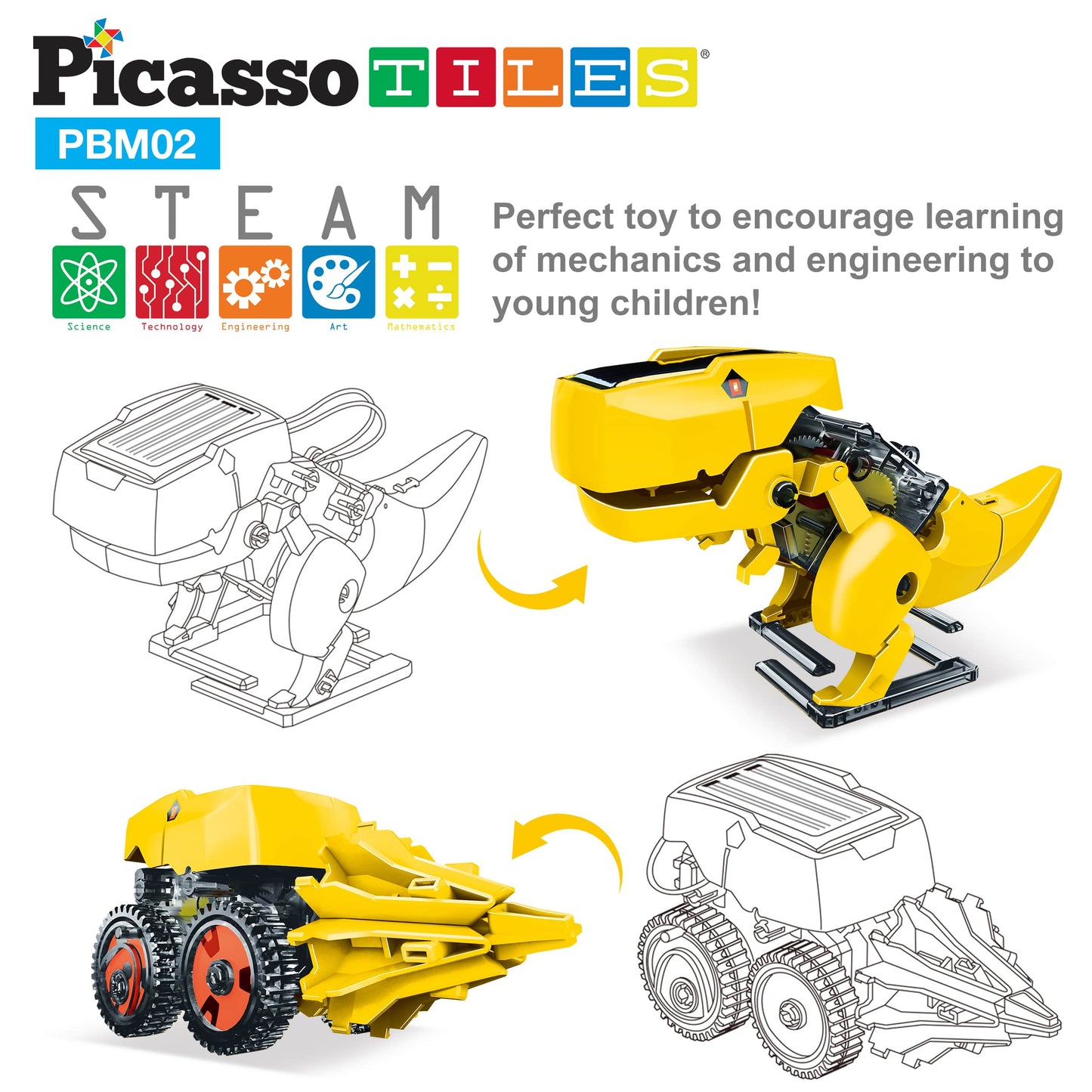 PicassoTiles - PicassoTiles 3-in-1 Solar Powered Dinosaur Robot Kit