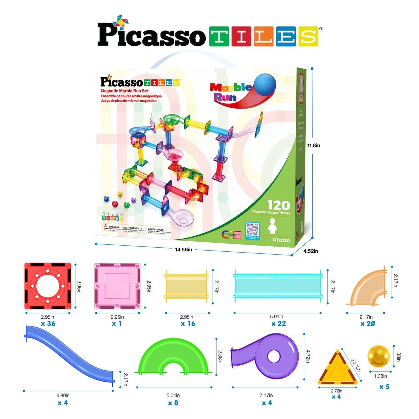 PicassoTiles - PicassoTiles Magnetic Marble Run Set: 70-Piece Set