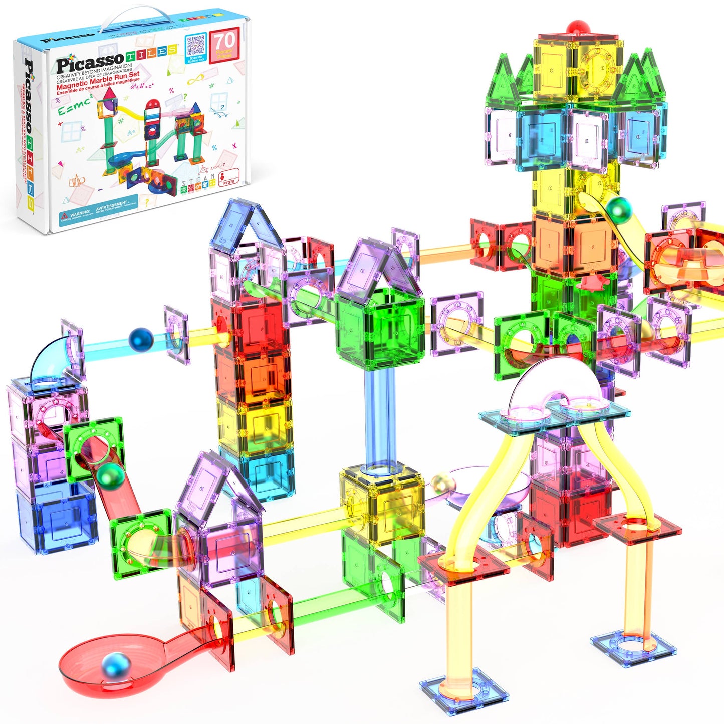 PicassoTiles - PicassoTiles Magnetic Marble Run Set: 70-Piece Set