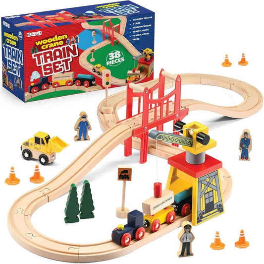 38-Piece Wooden Train Crane and Bridge Set - Play22 - Glee Garden