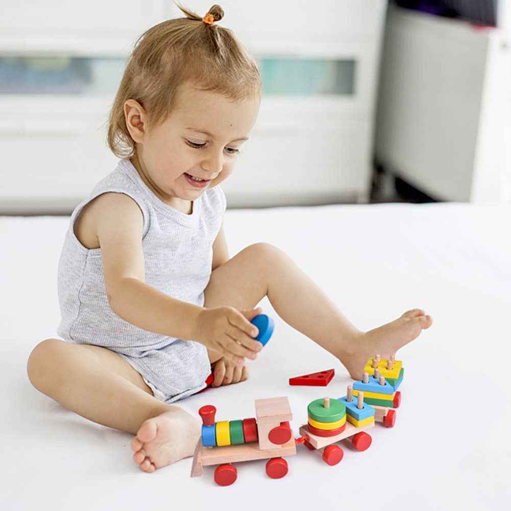 Wooden Train Shape Sorter and Stacking Toy 25 Pcs 15.5 Inch