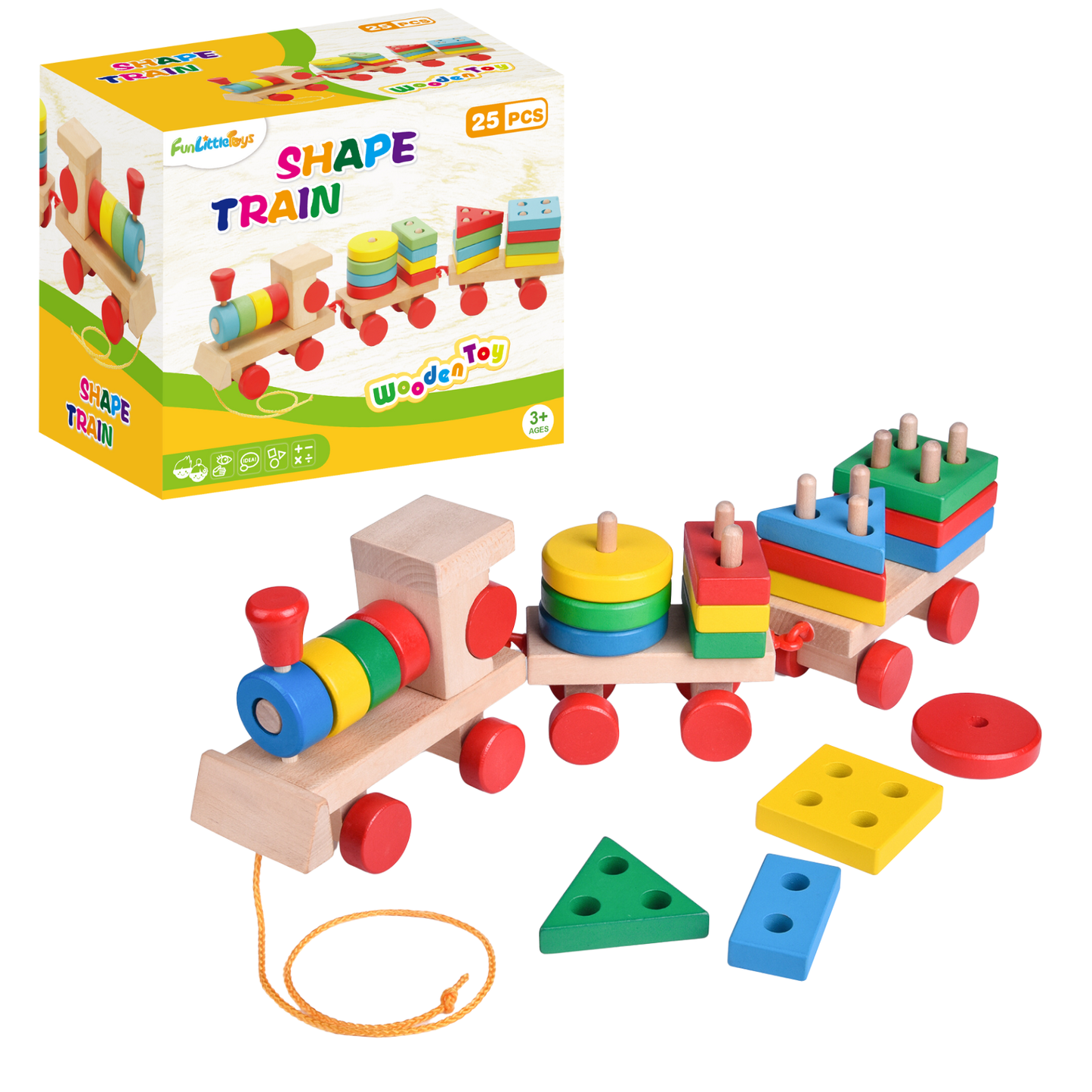 Wooden Train Shape Sorter and Stacking Toy 25 Pcs 15.5 Inch