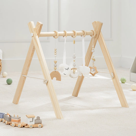 Foldable Baby Play Gym with 5 Hanging Toys - Sage Green