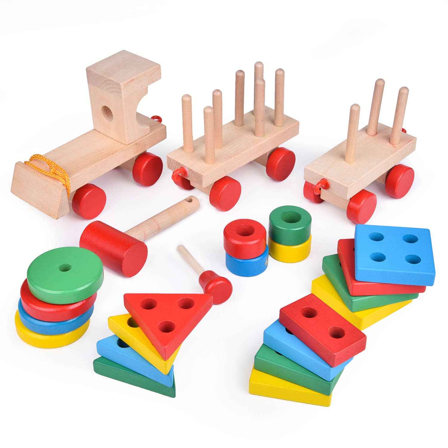 Wooden Train Shape Sorter and Stacking Toy 25 Pcs 15.5 Inch