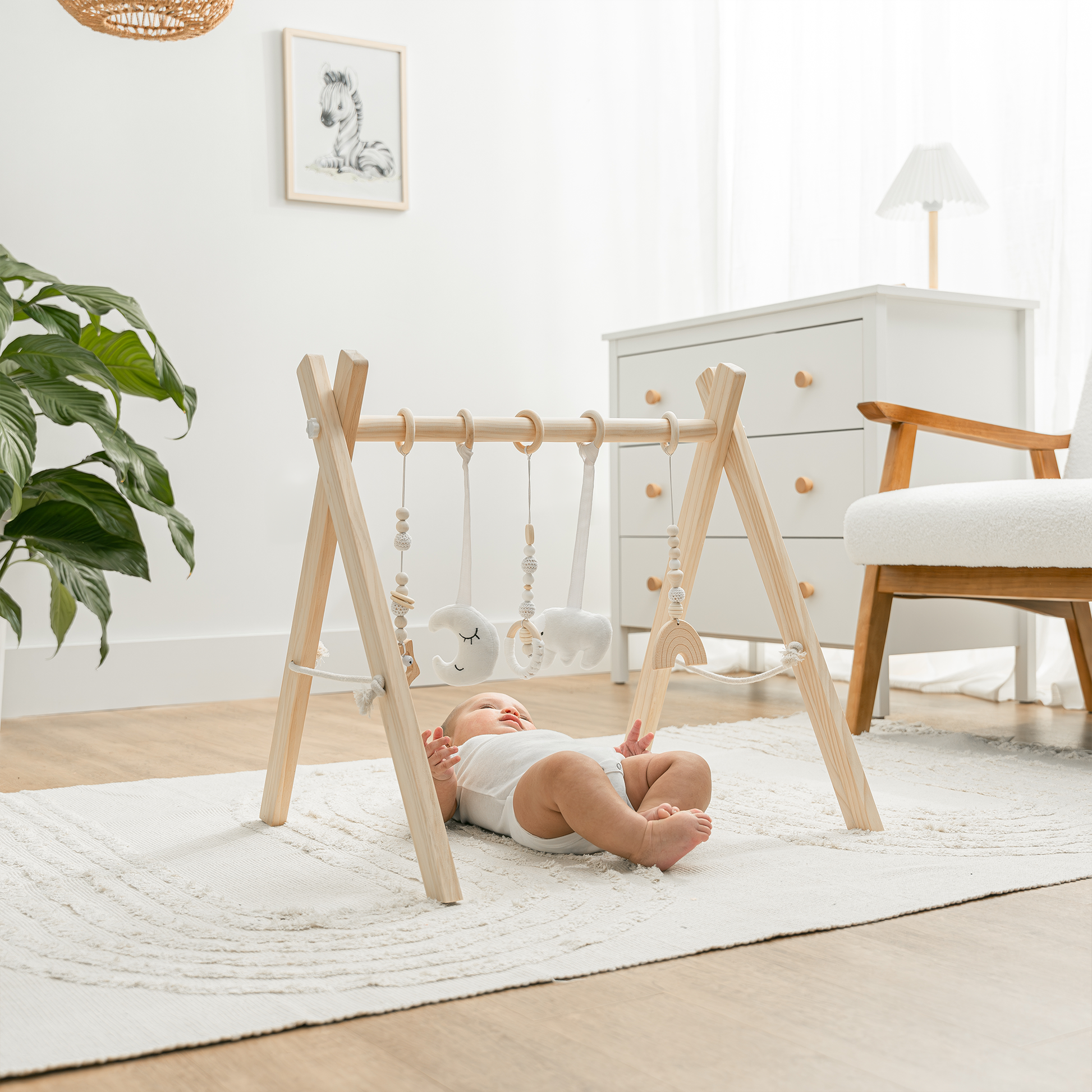 Foldable Baby Play Gym with 5 Hanging Toys - Natural Wood - Comfy Cubs - Glee Garden