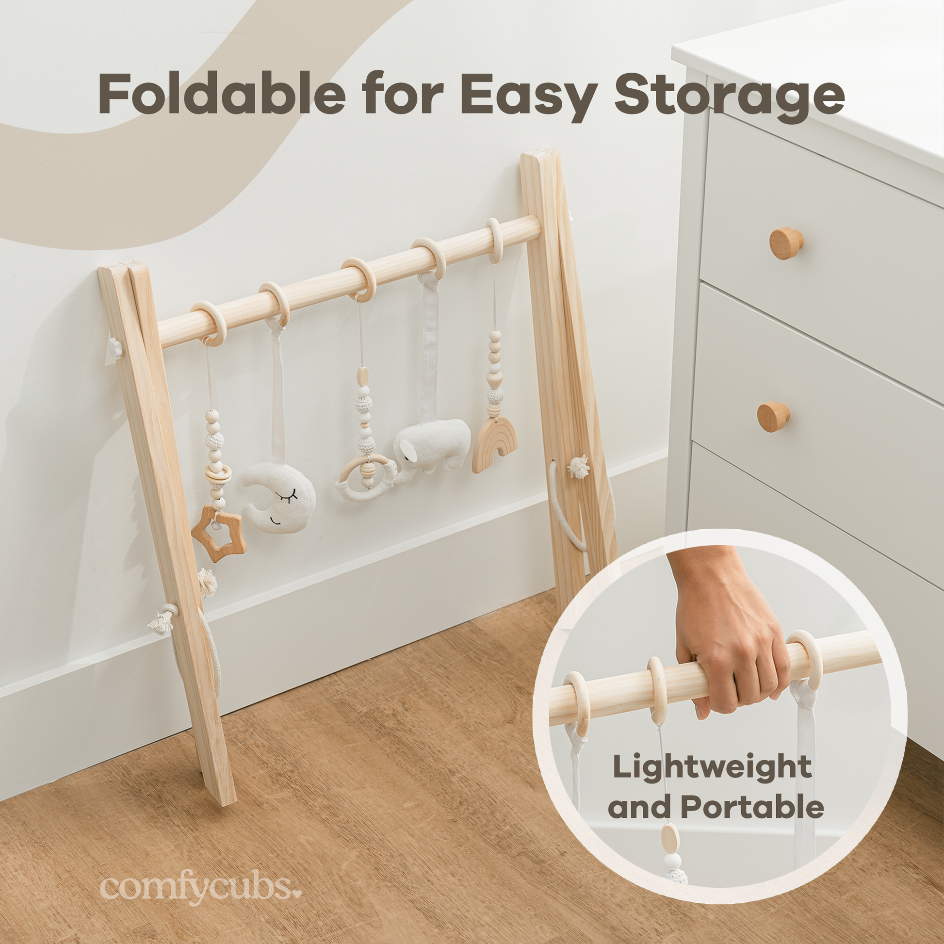Foldable Baby Play Gym with 5 Hanging Toys - Natural Wood - Comfy Cubs - Glee Garden
