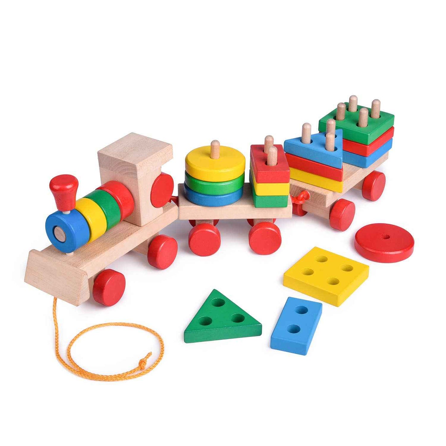 Wooden Train Shape Sorter and Stacking Toy 25 Pcs 15.5 Inch