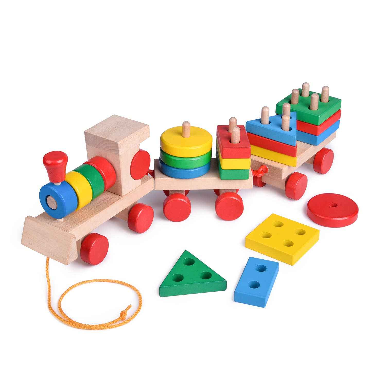 Wooden Train Shape Sorter and Stacking Toy 25 Pcs 15.5 Inch