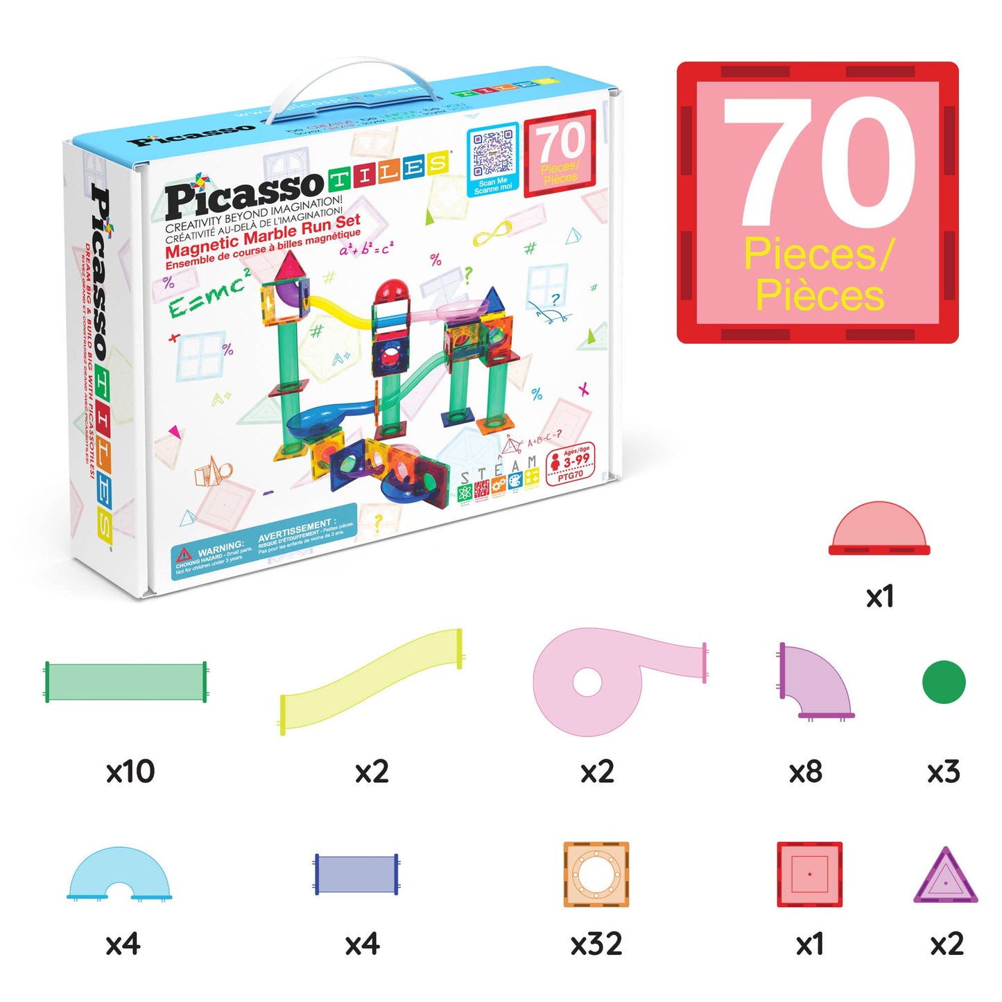 PicassoTiles - PicassoTiles Magnetic Marble Run Set: 70-Piece Set