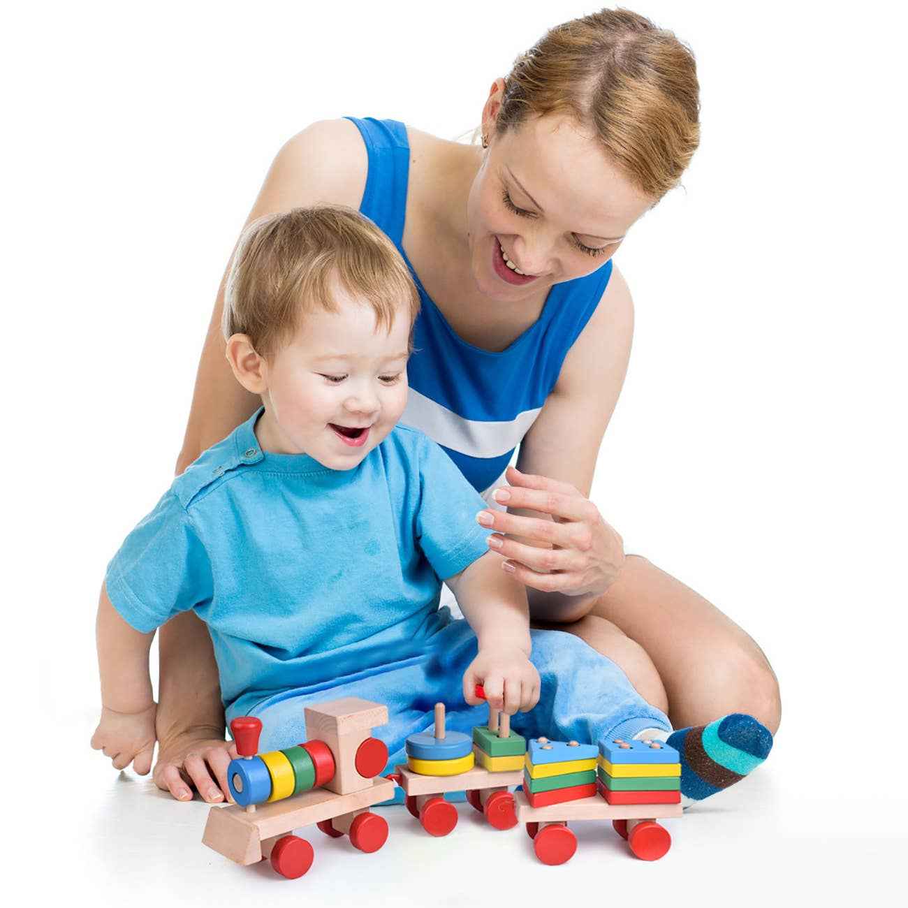 Wooden Train Shape Sorter and Stacking Toy 25 Pcs 15.5 Inch