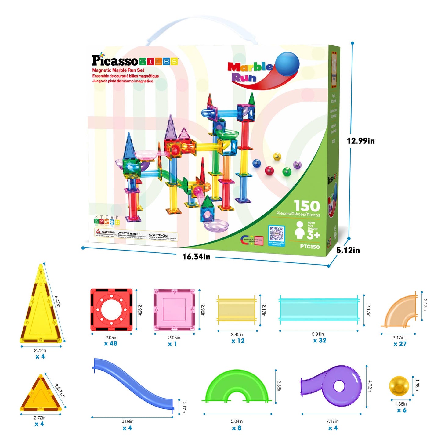 PicassoTiles - PicassoTiles Magnetic Marble Run Set: 70-Piece Set