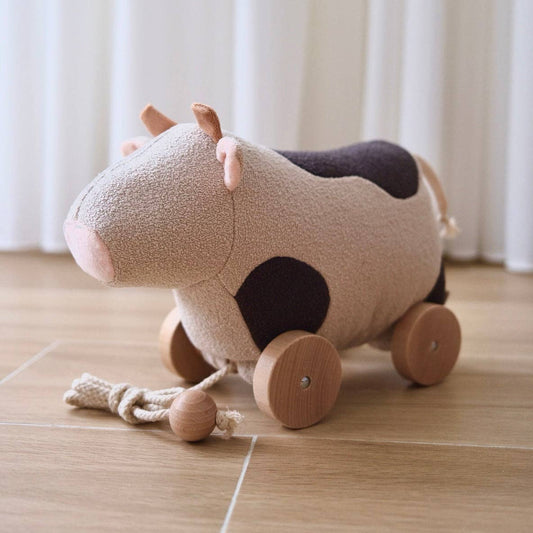 Willow Pull-Along Toy, Wooden Wheels, Soft Plush Cow Design